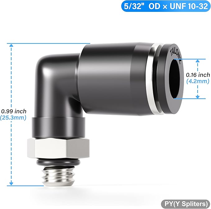 TAILONZ PNEUMATIC Male Elbow 5/32 Inch Tube OD x UNF 10-32 Thread 90 Push to Connect Fittings PL-5/32-U10 (Pack of 2)
