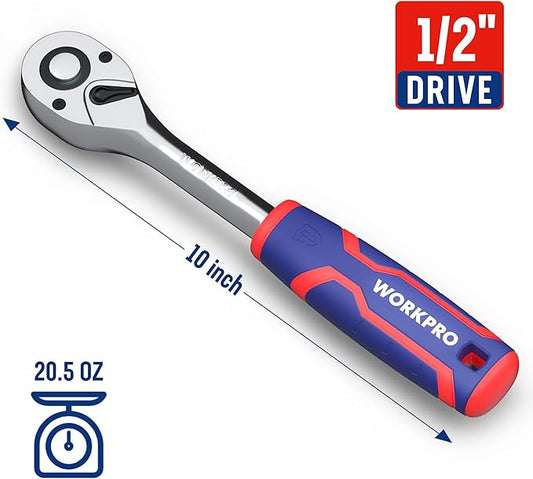 WORKPRO 1/2-Inch Drive Ratchet Wrench, 72-Tooth Reversible Ratchet, Quick-Release 1/2 Drive Ratchet Handle, CR-MO Head, Chrome Plated Finish