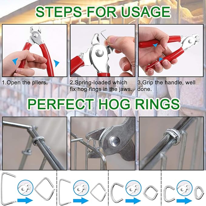 300 pcs Hog Rings with Straight Hog Ring Pliers Kit 3/4" 1/2" 3/8 "Galvanized Hog Rings for Animal Pet Cages?갧opes?갃agging?갆IY Craft?갌urniture