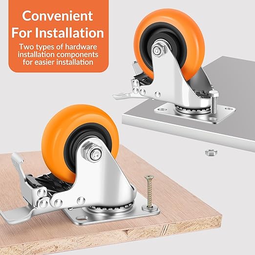 Caster Wheels, 4" Casters Set of 8 Heavy Duty - Dual Pedal Locking Casters with ON/Off Tabs (Easier to Operate), Swivel Plate Caster, No Marks Castor Wheels for Carts Furniture and Workbench