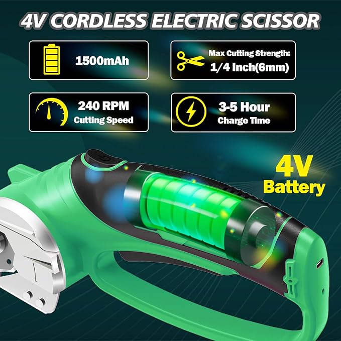 Cordless Electric Scissors, 4V Rechargeable Box Cutter & Cardboard Cutter with LED Light, Safety Lock - Rotary Cutter for Fabric, Leather, Plastic, Crafting, Sewing with Storage Box(Bright Green)
