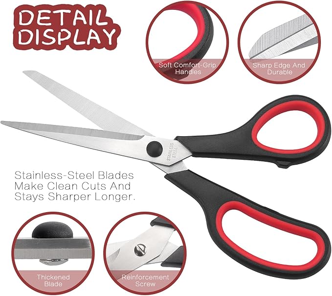 All Purpose Scissors with Stainless Steel Blades, High Performance Cutting, Ergonomic and Comfort Handles, Perfect for Office Home School Art Crafts, 8.5 Inch, 2 PCS