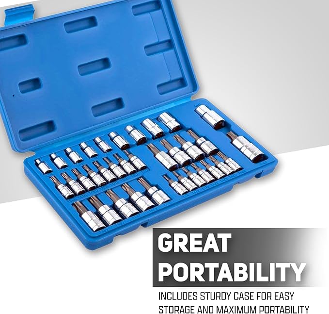 Neiko 10070A Torx Bit Socket and E-Torx Star Socket Set | 35-Piece Set, S2 and Cr-V Steel, 1/4?? 3/8??and 1/2-Inch Drive