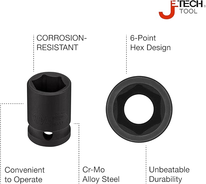 Jetech 1/2 Inch Drive 11/16 Inch Standard Impact Socket, Made with Chrome Molybdenum Alloy Steel, Heat Treated, 6-Point Design, SAE