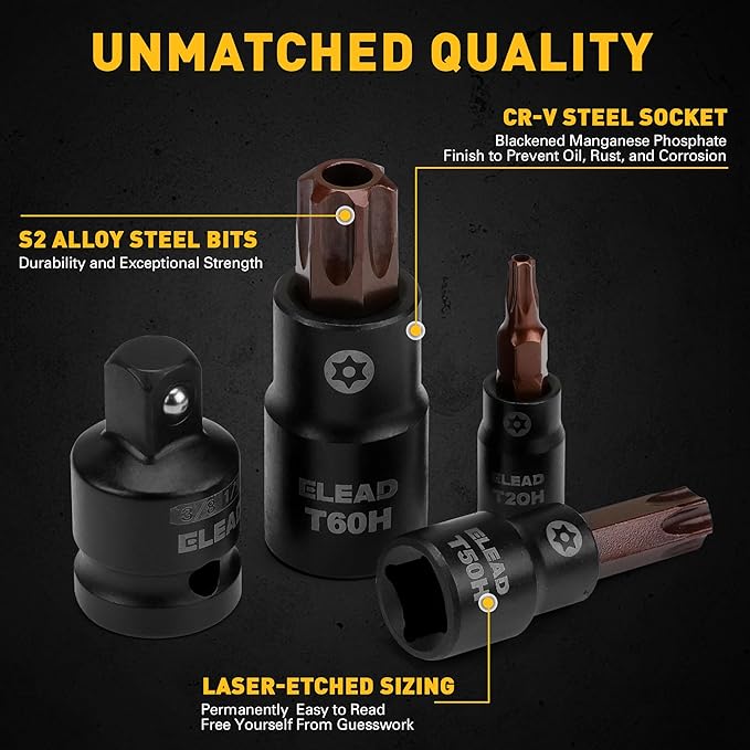 16-Piece Torx Bit Socket Set - Premium S2 Steel European Style T8-T60 with Socket Adapters, Star Bit Socket Set 1/4?? 3/8??and 1/2??Drive | Professional Mechanic Garage Tools