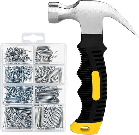 KURUI 700PCs Nails Assortment Kit & 8oz Hammer, Small Hammer for Hanging Wall Art Decor, Picture Frame, 350 Roofing/Wall Nails & 350 Finishing Nail