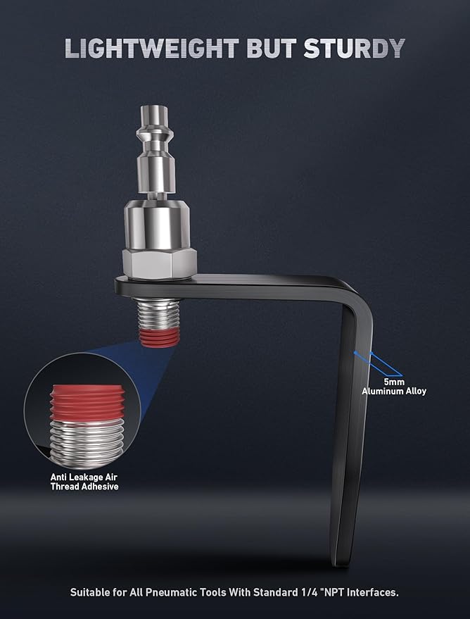 Pneumatic Tool Rafter Hook Hanger with 1/4 Inch & 360째 Swivel Air Fitting, Lightweight Aluminum Air Tool Organizer Holder, L Shaped Hook for Air Nailer, Air Hammer, Air Blow Gun