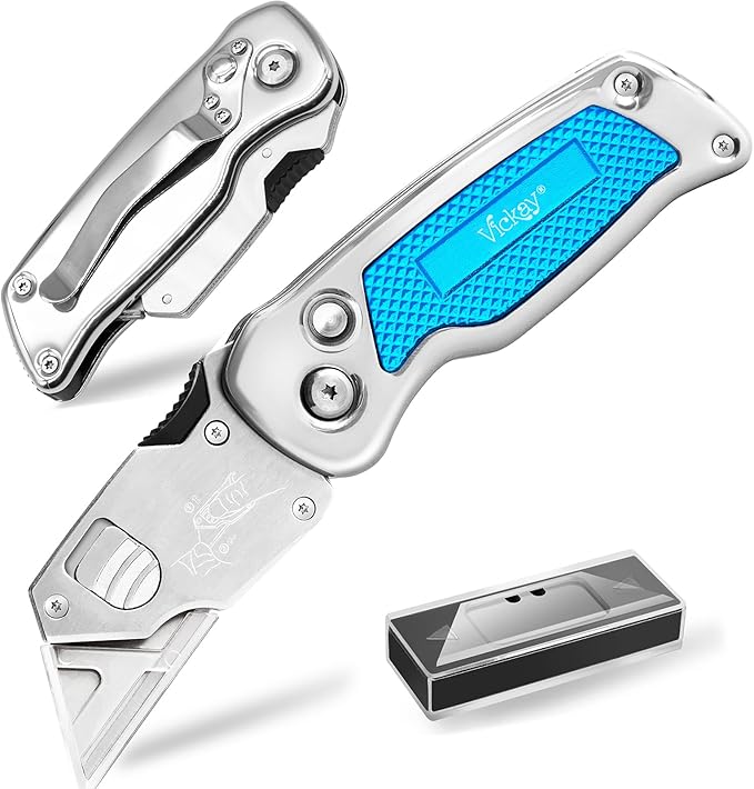Vickay Box Cutter, Utility Knife with Clip, Stainless Steel Body Handle, Quick-change Blade and Safety Axis Lock, Razor Knife, Cardboard Cutter with Extra 5PC SK5 Blades (Blue)