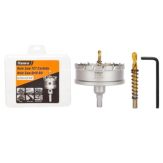 Hole Saw 3-5/8" (92mm) Heavy Duty Carbide with 2 Pilot Drill Bits - Metal Hole Cutter Cuts Stainless Steel, Iron, Copper, Brass, Plastic