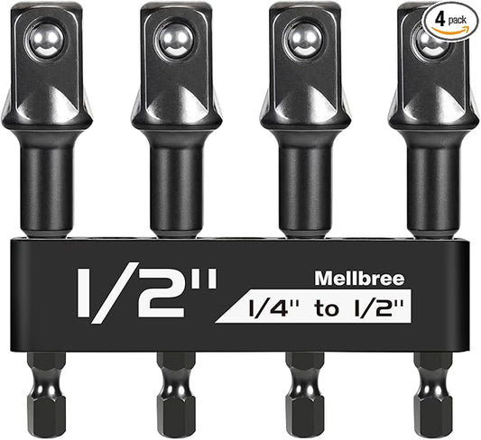 Mellbree 1/2 Impact Socket Adapter, 4 Pack 1/4 to 1/2 Inch Drill Socket Adapter for Impact Driver/Wrench, Automotive DIY, Extension Socket Bits, Handle Nut Driver and Drills