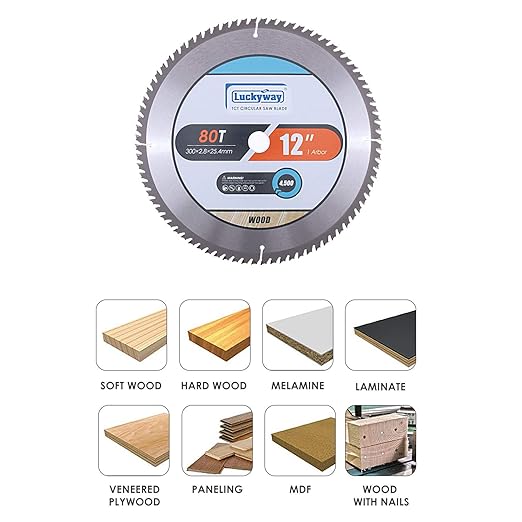 Luckyway 12 Inch Miter Saw Blade 80T Fine Finish with 1 Inch Arbor TCT Wood Crosscutting Saw Blade