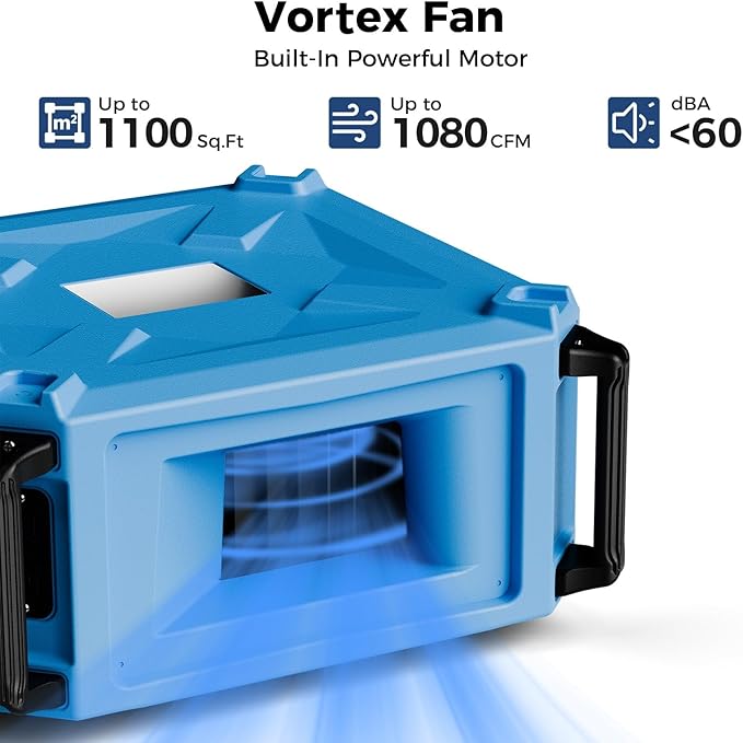 ALORAIR Hanging 270째 Intake Air Filtration Systems Woodworking Remote Control, 2 Stage Air Flow(780/1080CFM) Strong Vortex Fan, Ceiling Mounted Dust Collector for Garage, Work Shop, Purecare 1080