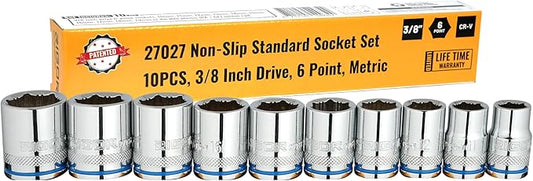 RIGOR 27027 Max-Grip Non-Slip Standard Socket Set, 10-Piece | Anti-Slip Chrome Vanadium Sockets | 3/8-Inch Drive, 6 Point, Metric | Include Durable Plastic Socket Rail.