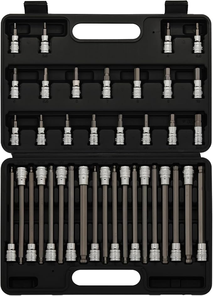 EMENTOL 38PCS 3/8" Drive Hex Bit Socket Set, CR-V, S2 Steel, SAE/Metric, Extra Long Ball-End and Standard Allen Hex Bit Socket Set, 1/8 Inch - 3/8 Inch, 3mm - 10mm