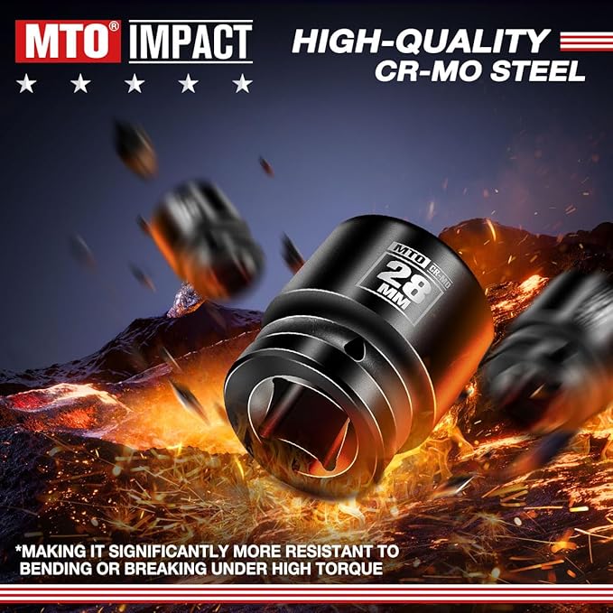 MTO 1/2" Drive 28mm Shallow Impact Socket, 6-Point Metric Socket, CR-MO Steel & Anti-Corrosion Coating for Tight Spaces and Heavy-Duty Tasks
