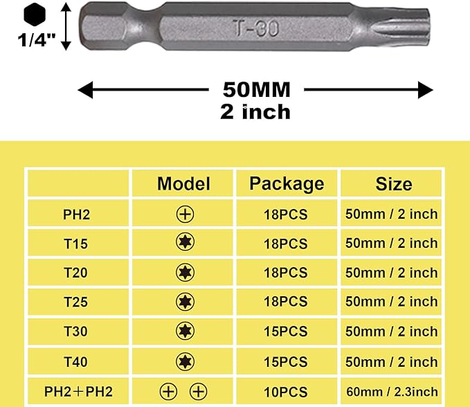 15pcs T30 Impact Driver Bits 50mm Impact Bit 1/4" Hex Shank S2 Drill Screwdriver Bit for Electronics Appliances and Automotive Repair