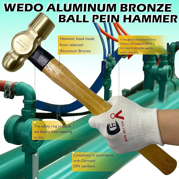WEDO Ball Pein Hammer,40oz Non-Sparking Ball Peen Hammer,Aluminum Bronze,Wooden Handle,Length 400mm,Die-forged Hammer Head 1130g,Corrosion Resistant Drilling Hammer,BAM & FM Certificate,DIN Standard