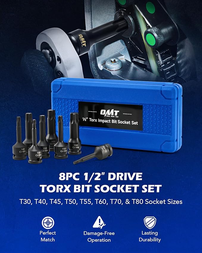 Orion Motor Tech Torx Bit Socket Set, 8pc 1/2" Drive Impact Torx Bit Socket Set T30 T40 T45 T50 T55 T60 T70 & T80 Sockets, Cr-Mo Steel Torx Impact Socket Set for Fastener Replacement with Carry Case