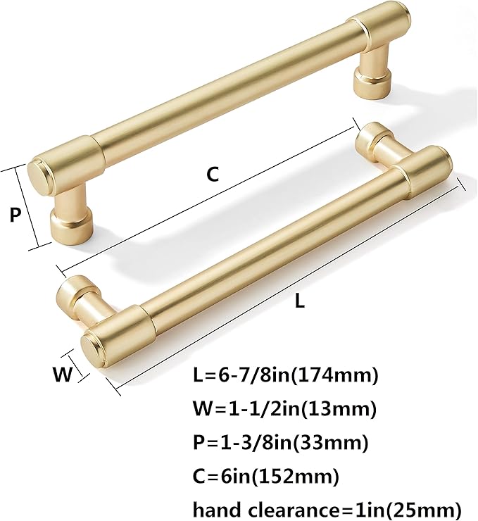 Khtumeware 10 Pack Brushed Brass Cabinet Hardware - 6 Inch(152mm) Hole Center Gold Drawer Pulls for Kitchen, Bathroom, Dresser