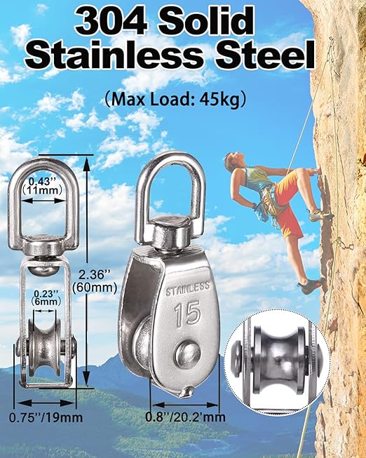 Rocaris 4 Pack M15 Lifting Single Pulley Block 304 Stainless Steel Crane Swivel Hook Double Pulley Roller Loading