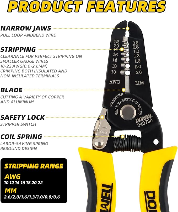 DOWELL 10-22 AWG Wire Stripper Cutter Wire Stripping Tool And Multi-Function Hand Tool竊똏rofessional Handle Design And Refined Craftsmanship.