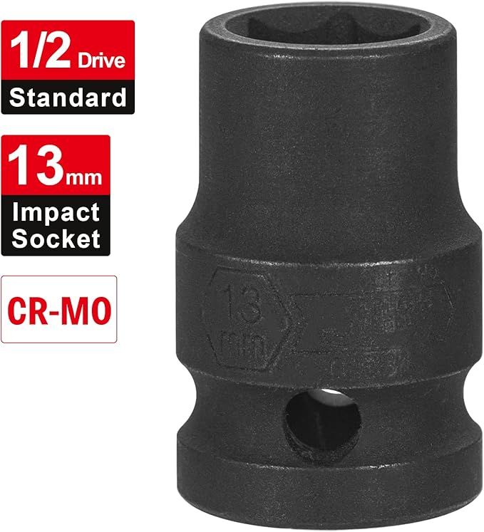 JETECH 1/2 Inch Drive 13mm Standard Impact Socket, Chrome Molybdenum Alloy Steel, 6-Point Design, Metric