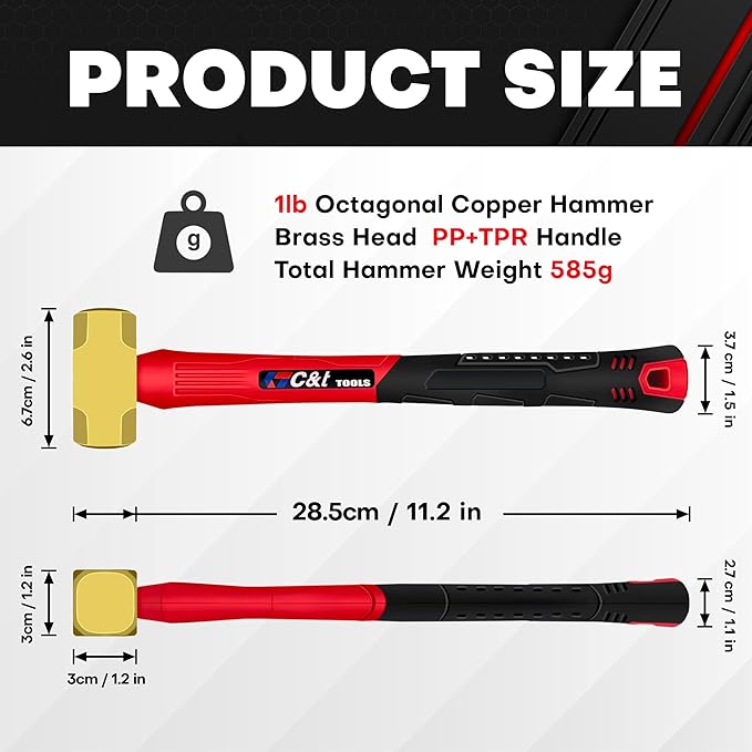 C&T 1lb Brass Sledge Hammer,Non-Sparking,Comfortable Fiberglass Handle,1-Pounds,Non-Magnetic,Corrosion Resistant