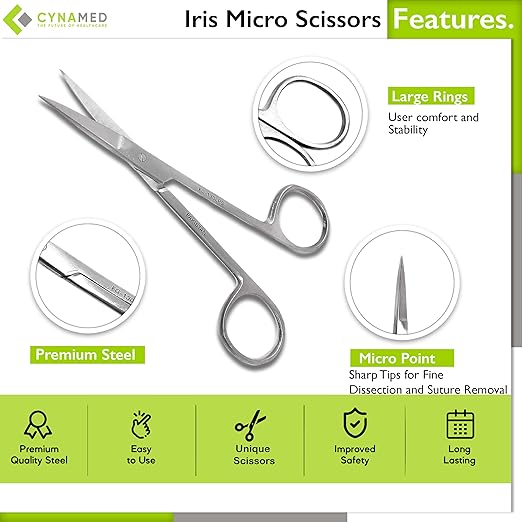Cynamed Iris Micro Dissecting Precision Lab Scissors, Fine Point Straight - Perfect for Doctors, Nurses, EMS, Students, Education & Training and More (Pack of 3)