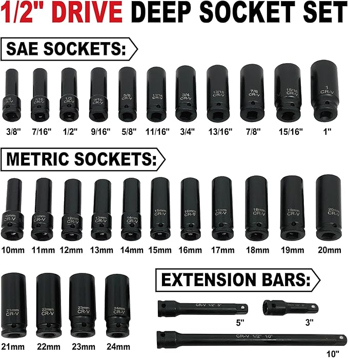 29pcs 1/2" Drive Impact Socket Set, Deep & Standard Sockets with Extension Bars, Cr-V Steel, SAE 3/8"-1", Metric 10mm-24mm