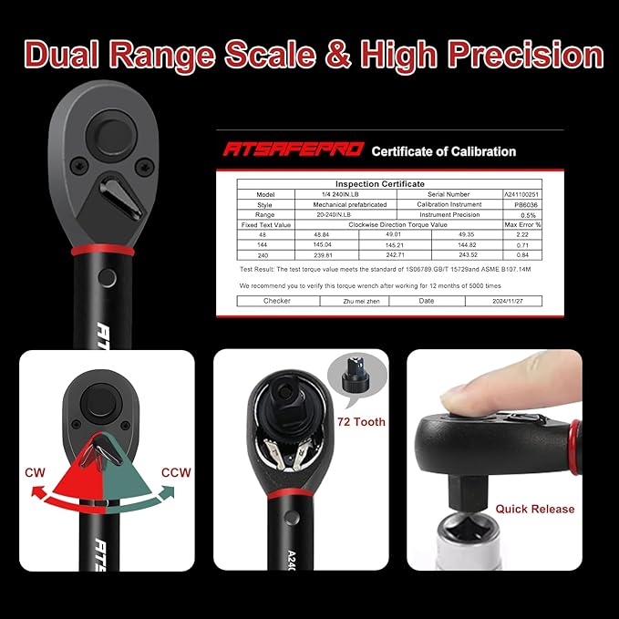 ATsafepro 1/4" Torque Wrench (20-240 in-lb / 2.3-27.1 Nm) -Dual Scale, 72-Tooth Ratchet, 짹3% Pre-Calibrated Accuracy, Suitable for Bike & Bicycle Maintenance