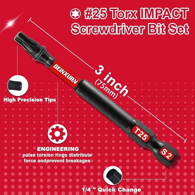 15Pieces T25 3 In. Impact Tough Magnetic #25 Torx Head Power Bits, S2 Alloy Steel T25 Screwdriver Bits Set