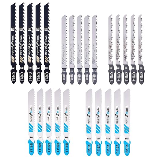25 Pcs Multi-Purpose HCS Jigsaw Blades Set, Jigsaw Blades, Assortment of Professional T-Handle Jig Saw Blade Kits for Metal Cutting Wood Pruning（T118A、T118B、T101AO、T101B、T144D）