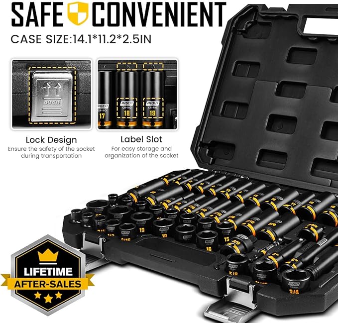 boen 3/8'' Drive Impact Socket Set, 50PCS Standard SAE (5/16 to 3/4 inch) and Metric (8mm-22mm), Deep & Shallow Size, 6-Point with Yellow Embossed Marking, CR-MO