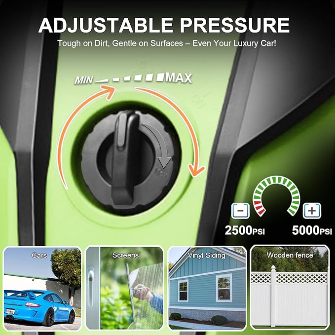 5000 PSI Adjustable Pressure Cleaner, 2025 New Power Cleaner Pressure Adjustable (2500PSI-5000PSI) with 33ft Pressure Hose, 4 Nozzle and Detergent Tank for Cars, Upgraded Green