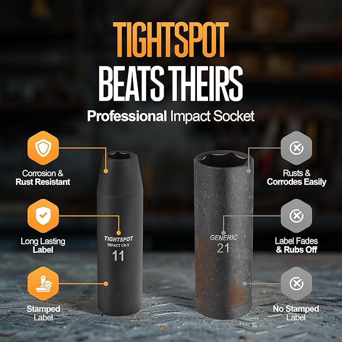 TIGHTSPOT 1/2 Inch Drive 11 mm Deep Impact Socket with Anti-Rounding 6 Point Design, Heat-Treated CRV Steel