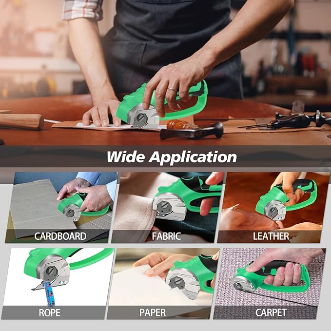 Cordless Electric Scissors, 4V Rechargeable Box Cutter & Cardboard Cutter with LED Light, Safety Lock - Rotary Cutter for Fabric, Leather, Plastic, Crafting, Sewing with Storage Box(Bright Green)