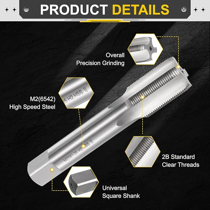 uxcell Hand Plug Tap M23 x 1.25 H2 Metric Thread Plug Style Taps Straight Flute Screw Tapping Threading Tool High Speed Steel HSS6542