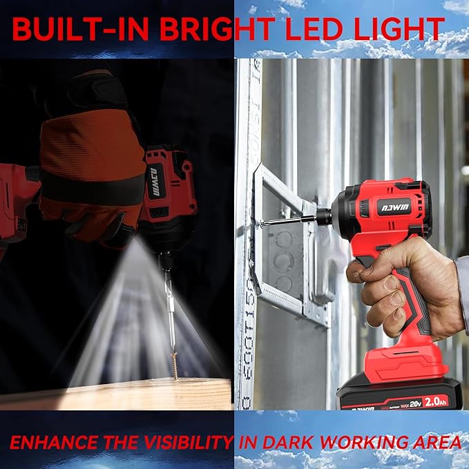 NAWIN Cordless Impact Driver Kit 20V Max Torque 240Nm竊?77ft-lbs竊덳igh Rotation Electric Impact Driver Brushless Motor Continuously Variable Rechargeable 1/4" impact driver 2.0Ah Batteries