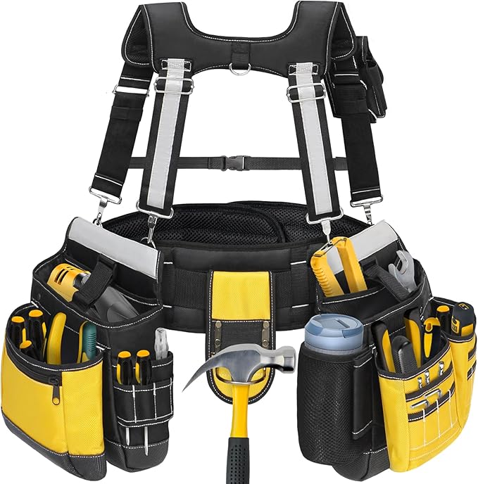 Tool Belt with Suspenders for Men, Heavy Duty Construction Tool Belt with 32 Pockets, 1680D Ballistic Material, Reflective Strips for Safety, HVAC Toolbelt for Men