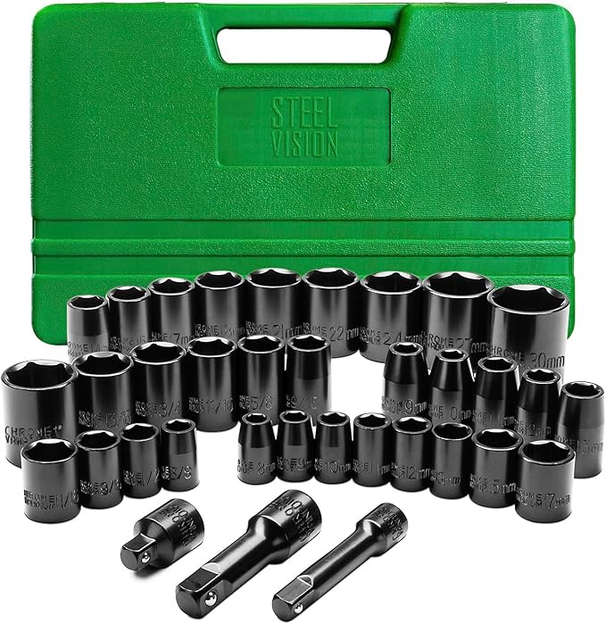 Steel Vision 35-Piece Impact Socket Set, 1/2" Drive Shallow (Metric 9-30mm, SAE 9/16"-1") & 3/8" Drive Shallow (Metric 8-17mm, SAE 3/8"-11/16"), CR-V Steel, 6 Point, Includes 1 Adapter & 2 Extensions