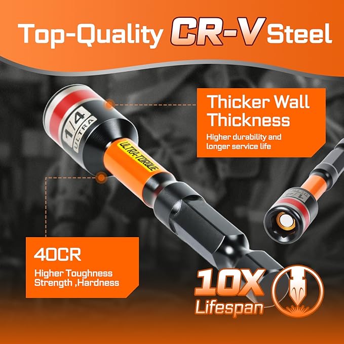 Impact Nut Driver Set, 10 Pieces 2.56???쒵ong 1/4?? Point Alloy Steel Magnetic SAE Nut Setter Set Use For Require Installing 1/4 Hex Shank Impact Driver with Case Box
