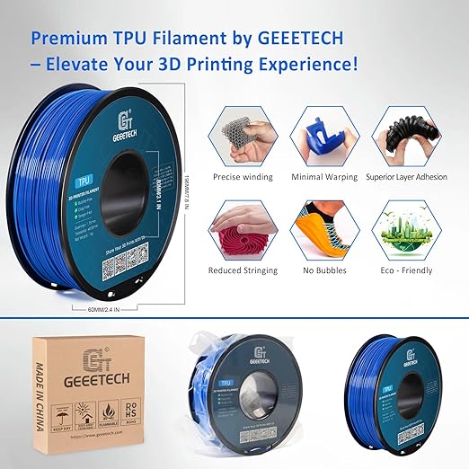 Geeetech TPU Filament 1.75mm ??95A Flexible 3D Printer Filament with High Elasticity, 1KG (2.2lbs) Spool, Dimensional Accuracy 짹0.03mm, Fits Most FDM Printers, Blue