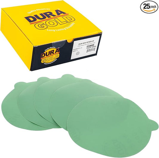 Dura-Gold Premium 6" Green Film PSA Sanding Discs - 500 Grit (Box of 25) - Self Adhesive Stickyback Sandpaper for DA Sander, Finishing Fine Cut Abrasive - Sand Automotive Car Paint, Woodworking Wood