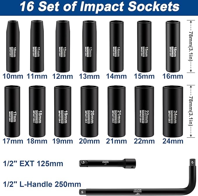 SORAKO 1/2??Impact Socket Set, 16 Piece Metric Deep Socket Set 10-24 mm,Deep Impact Socket Set with Extension Bar & L Handle 6 Point Cr-V Steel Drive Socket Set with Portable Case