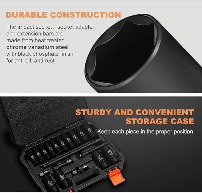 1/2" Drive SAE Deep Impact Socket Set, 19 Piece Cr-V Steel Socket Set SAE Size 3/8" to 1-1/4", Includes Extension Bars, Universal Joint and Adapter, 6 Point Design, Meets ANSI Standards