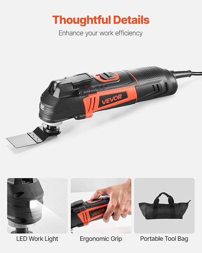 VEVOR Oscillating Tool Multitool, 4Amps Electric Oscillating Multi Tool Corded with 6 Variable Speeds 7000-19000 OPM, 3.2째 Oscillating Angle, 13PCS Saw Accessories, LED Work Light & Tool Bag