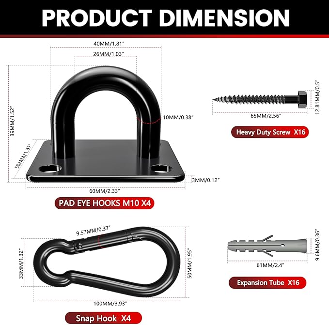 sprookber 304 Stainless Steel Pad Eye Snap Hooks, M10 Heavy Duty Ceiling Hooks, 1700lb Capacity Hammock Swing Hanging kit, Plant Hangers, Marine Hardware Staple Hook Loop with Screws, Set of 8(Black)