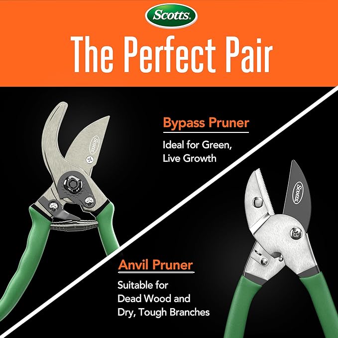 Scotts 2-Piece Pruning Shears Set ??Includes 8 in. Bypass Pruner for Live Plants and 8 in. Anvil Pruner for Dry Stems ??Sharp Carbon Steel Blades and Comfort Grip Handles for Garden and Yard Use