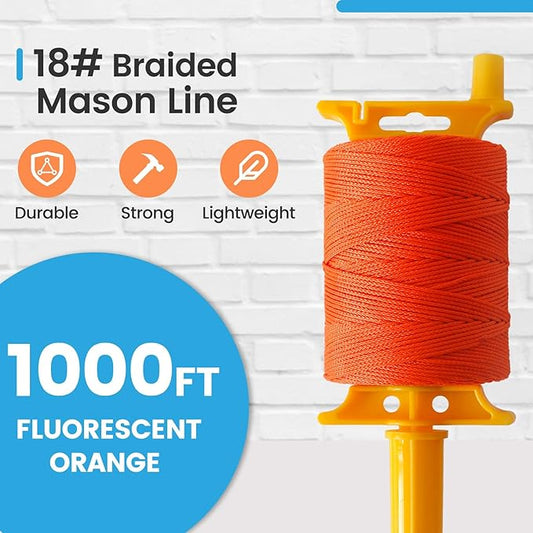 MERIANE Mason Line w/Reloadable Line Reel, 1000FT Nylon String Line, 18# Braided Twine String for Masonry Job, Level Lines in Construction, Gardening, Fluorescent Orange