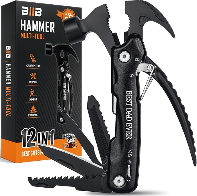 BIIB Gifts for Dad, 12 in 1 Hammer Multitool Camping Essentials, Gifts for Men, Stocking Stuffers for Men, Mens Gifts for Dad Him Husband, Dad Gifts for Mens Who Have Everything, Camping Survival Gear
